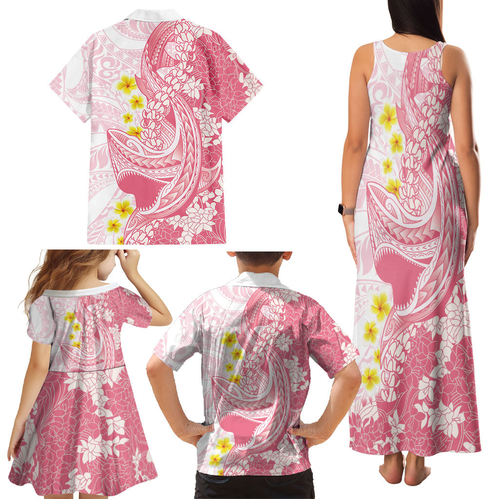 Pink Hawaii Shark Tattoo Family Matching Tank Maxi Dress and Hawaiian Shirt Puakenikeni Lei Plumeria Polynesian Pattern