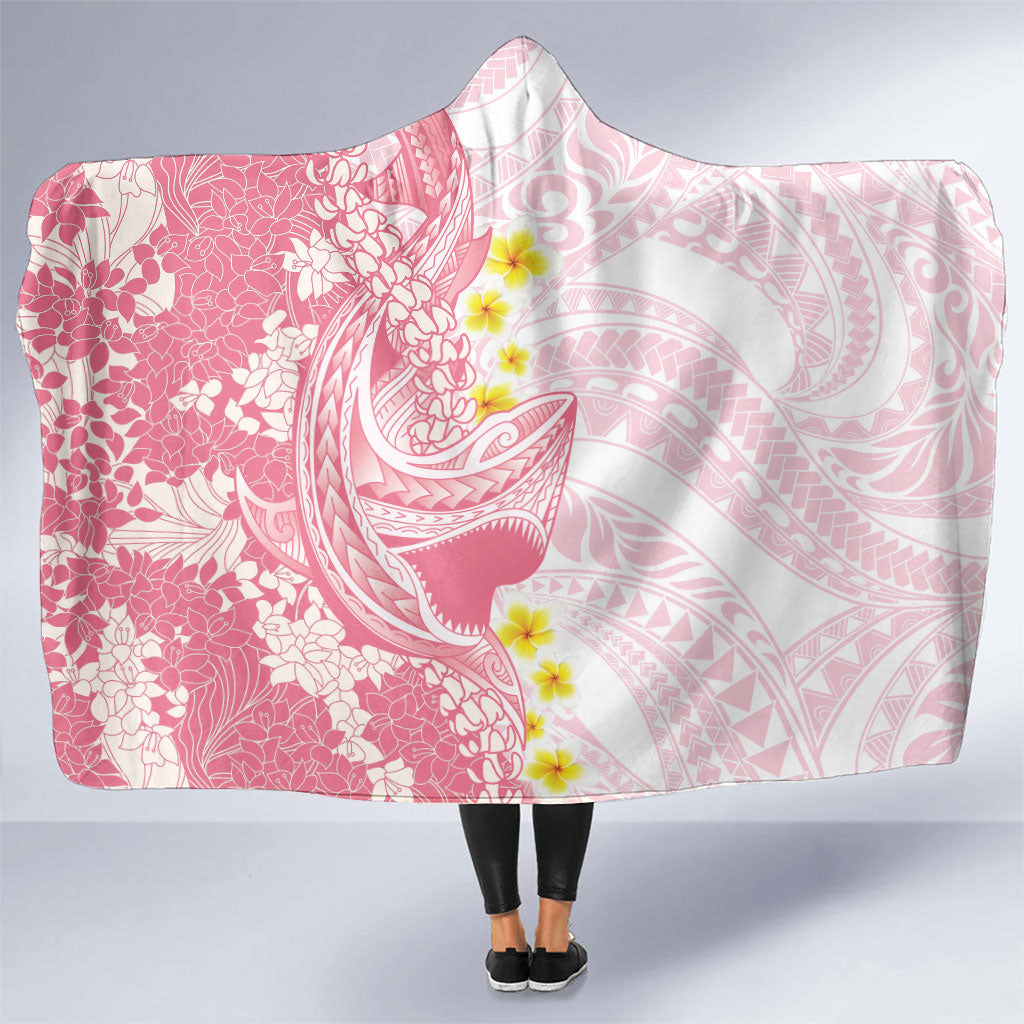 Pink Hawaii Shark Tattoo Hooded Blanket Puakenikeni Lei Plumeria Polynesian Pattern