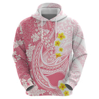 Pink Hawaii Shark Tattoo Hoodie Puakenikeni Lei Plumeria Polynesian Pattern
