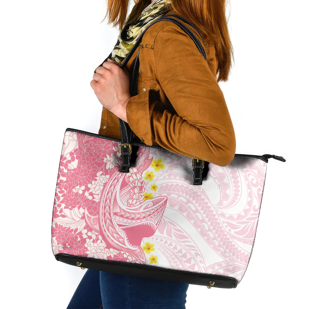 Pink Hawaii Shark Tattoo Leather Tote Bag Puakenikeni Lei Plumeria Polynesian Pattern