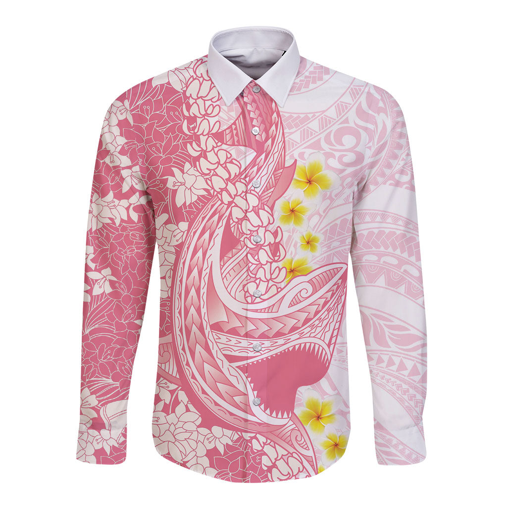 Pink Hawaii Shark Tattoo Long Sleeve Button Shirt Puakenikeni Lei Plumeria Polynesian Pattern