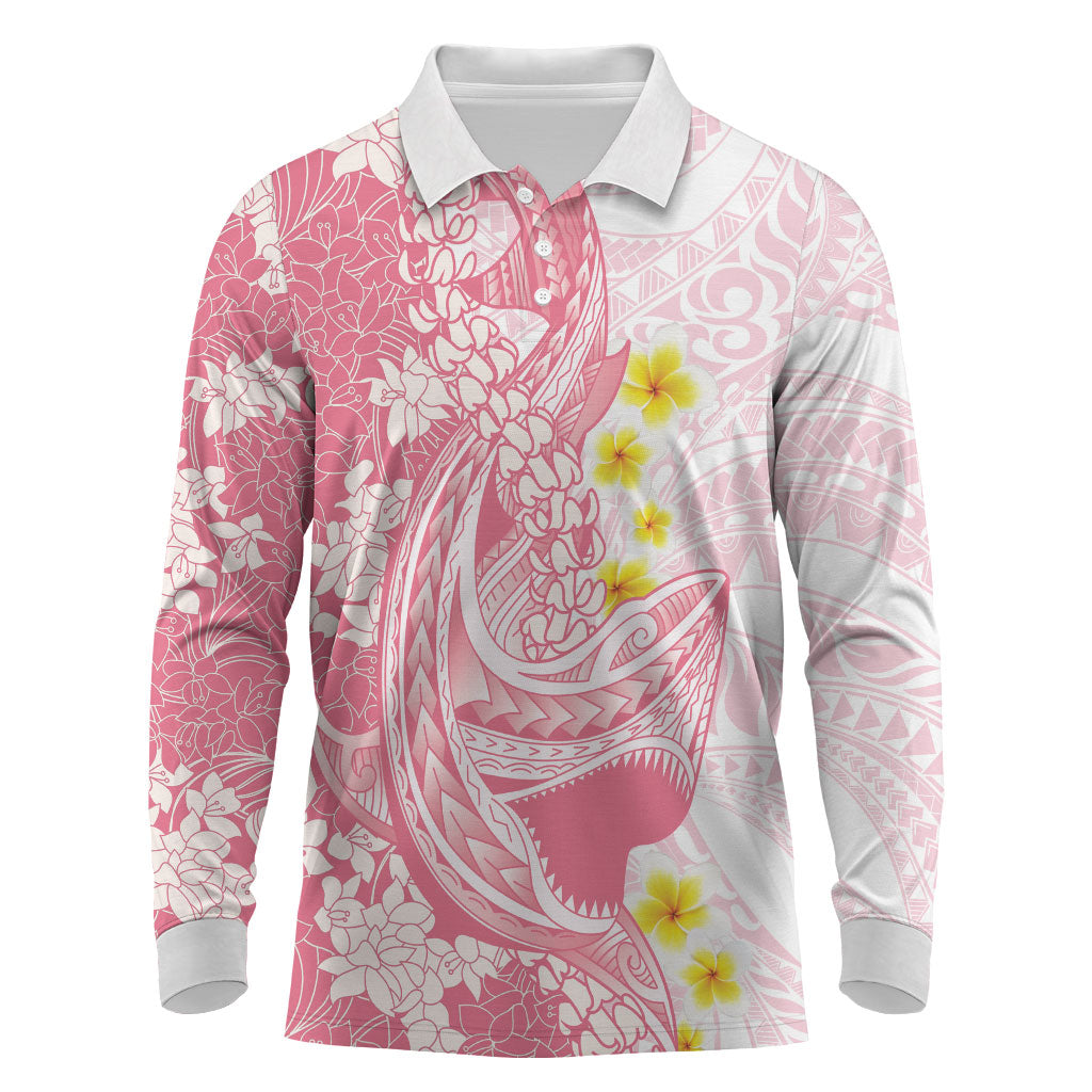 Pink Hawaii Shark Tattoo Long Sleeve Polo Shirt Puakenikeni Lei Plumeria Polynesian Pattern