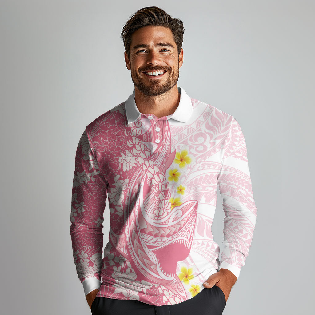 Pink Hawaii Shark Tattoo Long Sleeve Polo Shirt Puakenikeni Lei Plumeria Polynesian Pattern