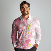 Pink Hawaii Shark Tattoo Long Sleeve Polo Shirt Puakenikeni Lei Plumeria Polynesian Pattern