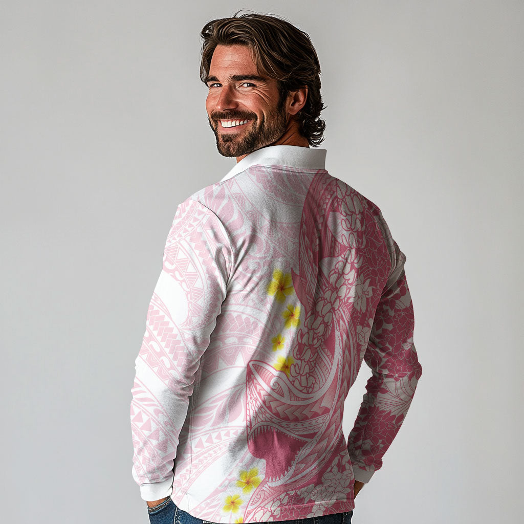 Pink Hawaii Shark Tattoo Long Sleeve Polo Shirt Puakenikeni Lei Plumeria Polynesian Pattern