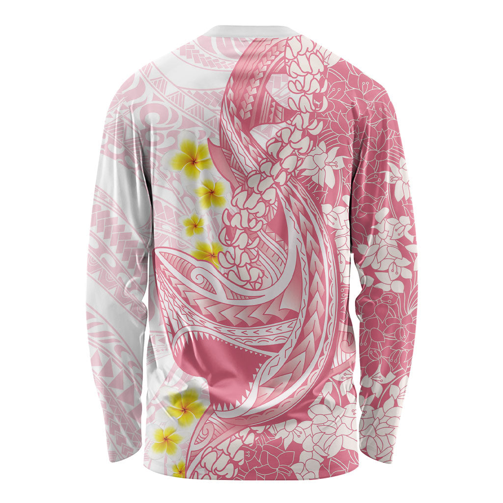Pink Hawaii Shark Tattoo Long Sleeve Shirt Puakenikeni Lei Plumeria Polynesian Pattern