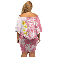 Pink Hawaii Shark Tattoo Off Shoulder Short Dress Puakenikeni Lei Plumeria Polynesian Pattern LT14 - Polynesian Pride
