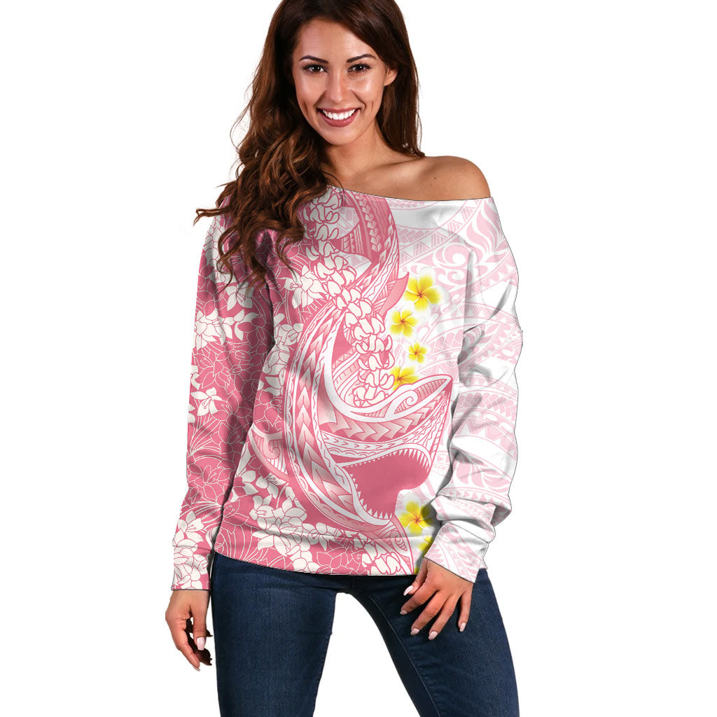 Pink Hawaii Shark Tattoo Off Shoulder Sweater Puakenikeni Lei Plumeria Polynesian Pattern