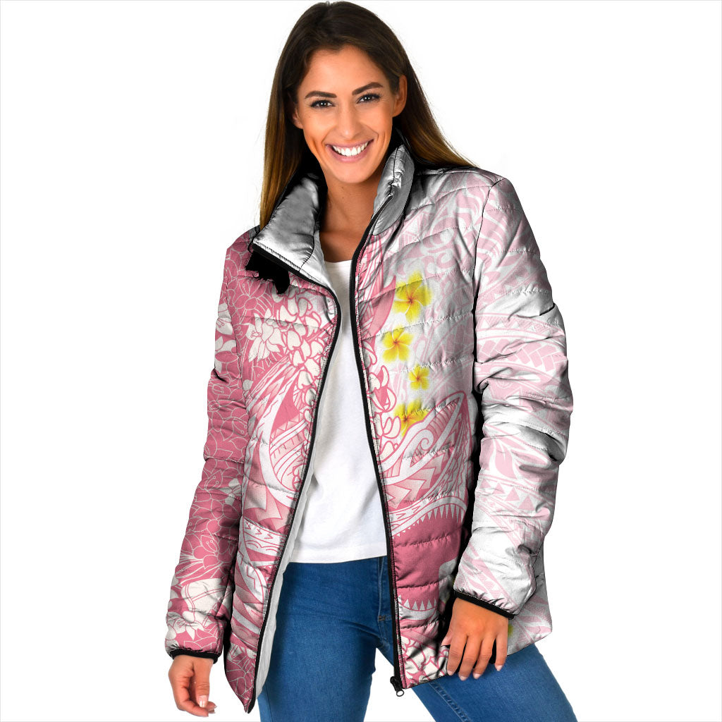 Pink Hawaii Shark Tattoo Padded Jacket Puakenikeni Lei Plumeria Polynesian Pattern LT14 Women Pink - Polynesian Pride
