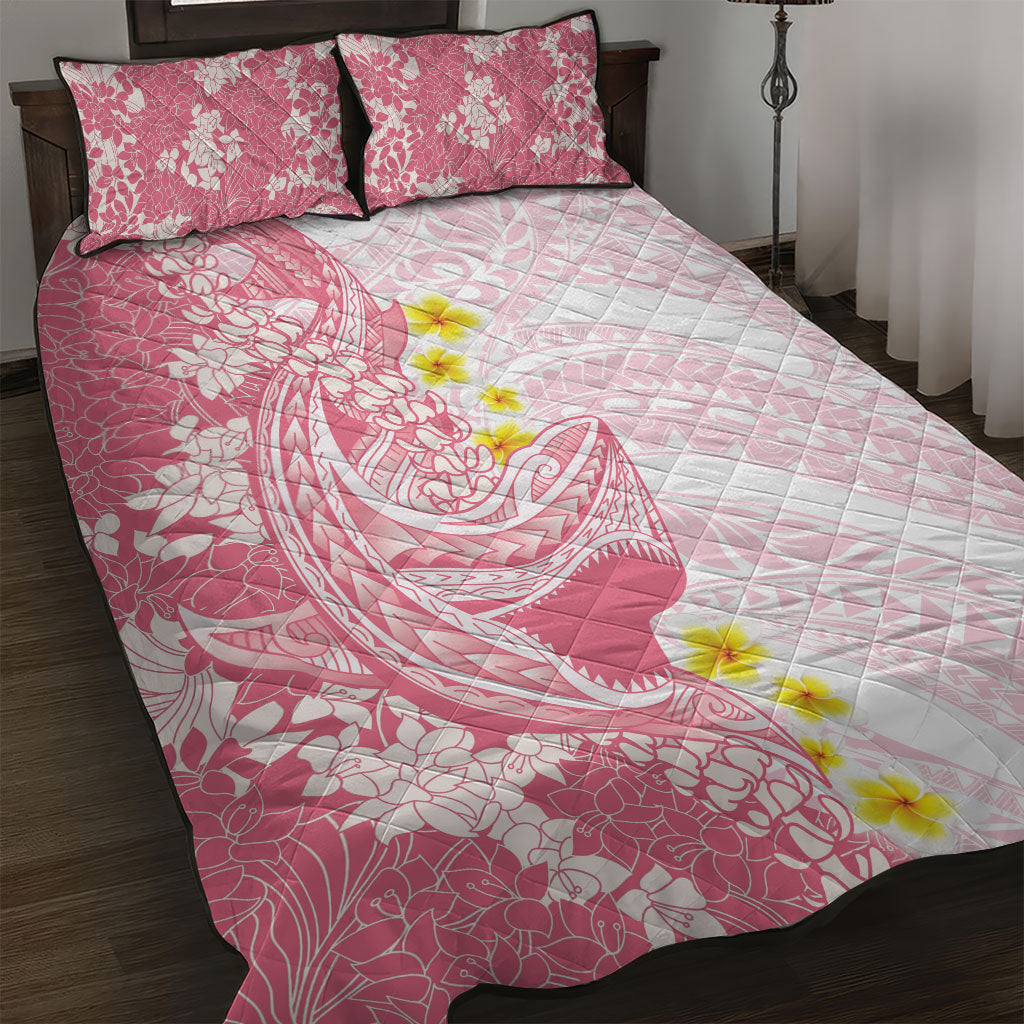 Pink Hawaii Shark Tattoo Quilt Bed Set Puakenikeni Lei Plumeria Polynesian Pattern
