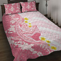 Pink Hawaii Shark Tattoo Quilt Bed Set Puakenikeni Lei Plumeria Polynesian Pattern