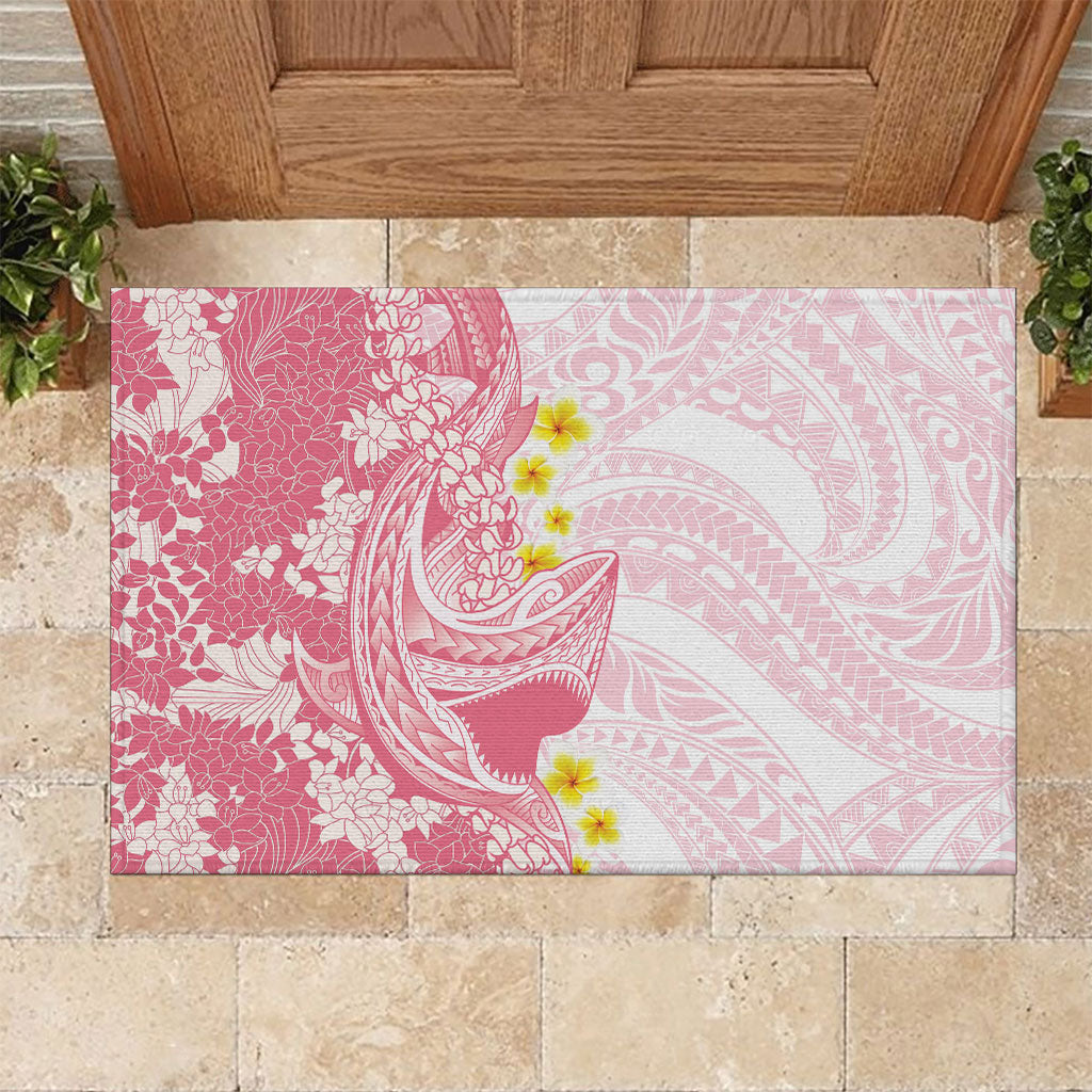 Pink Hawaii Shark Tattoo Rubber Doormat Puakenikeni Lei Plumeria Polynesian Pattern