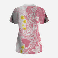 Pink Hawaii Shark Tattoo Scrub Top Puakenikeni Lei Plumeria Polynesian Pattern