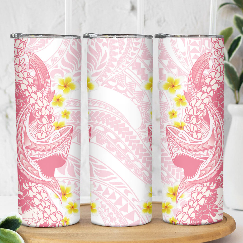 Pink Hawaii Shark Tattoo Skinny Tumbler Puakenikeni Lei Plumeria Polynesian Pattern
