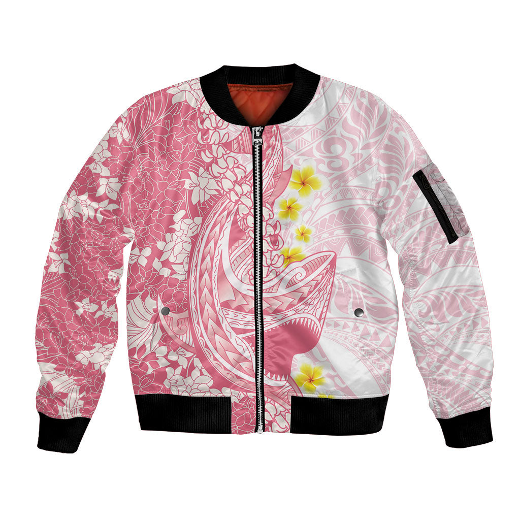 Pink Hawaii Shark Tattoo Sleeve Zip Bomber Jacket Puakenikeni Lei Plumeria Polynesian Pattern
