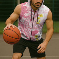 Pink Hawaii Shark Tattoo Sleeveless Zip Hoodie Puakenikeni Lei Plumeria Polynesian Pattern