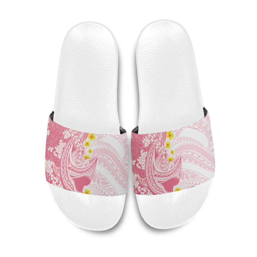 Pink Hawaii Shark Tattoo Slide Sandals Puakenikeni Lei Plumeria Polynesian Pattern