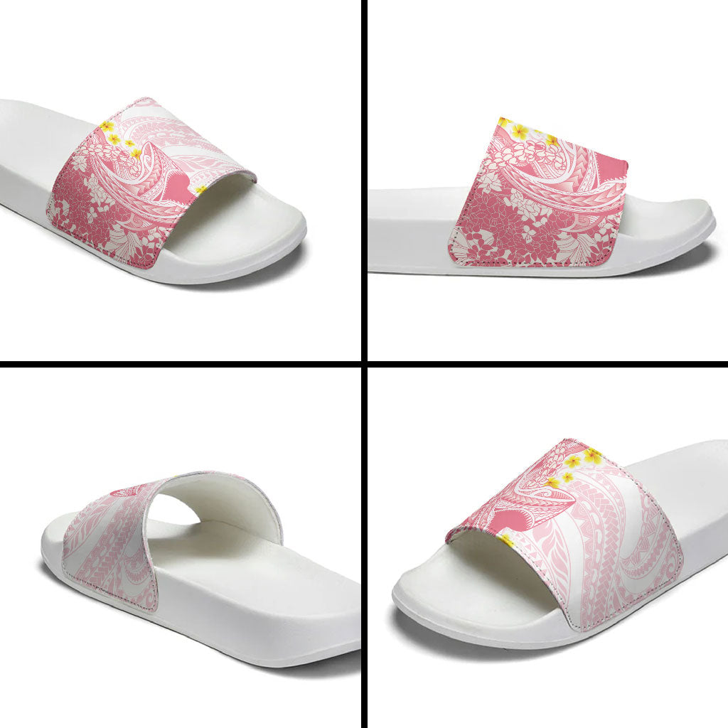 Pink Hawaii Shark Tattoo Slide Sandals Puakenikeni Lei Plumeria Polynesian Pattern