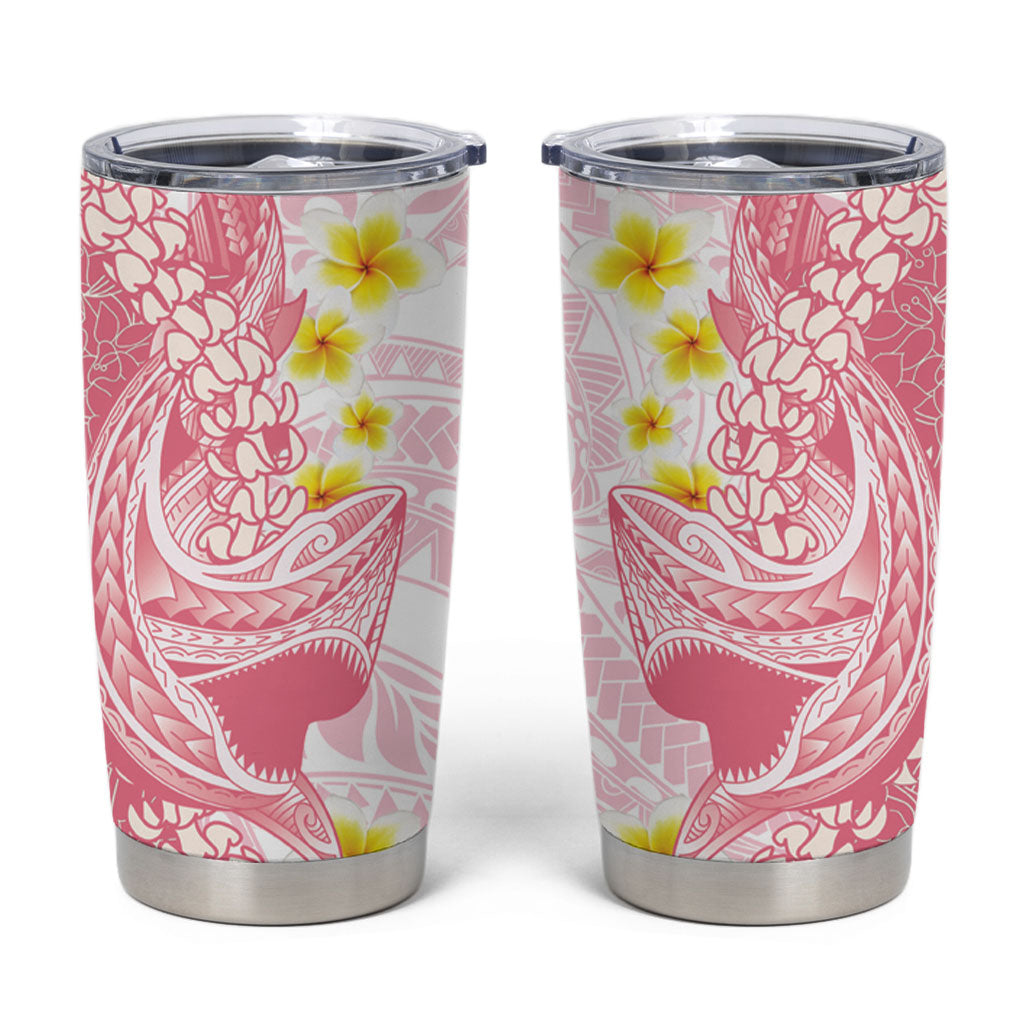 Pink Hawaii Shark Tattoo Tumbler Cup Puakenikeni Lei Plumeria Polynesian Pattern