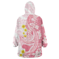 Pink Hawaii Shark Tattoo Wearable Blanket Hoodie Puakenikeni Lei Plumeria Polynesian Pattern