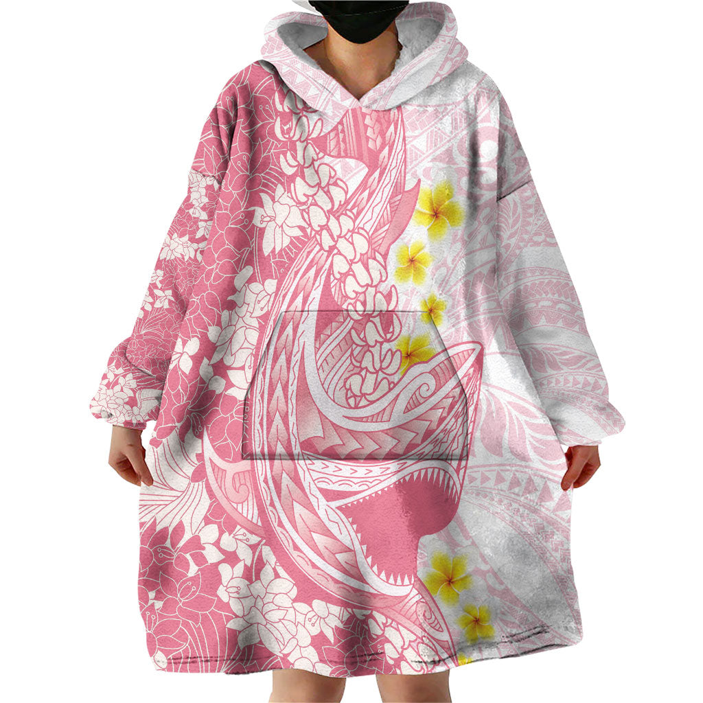 Pink Hawaii Shark Tattoo Wearable Blanket Hoodie Puakenikeni Lei Plumeria Polynesian Pattern