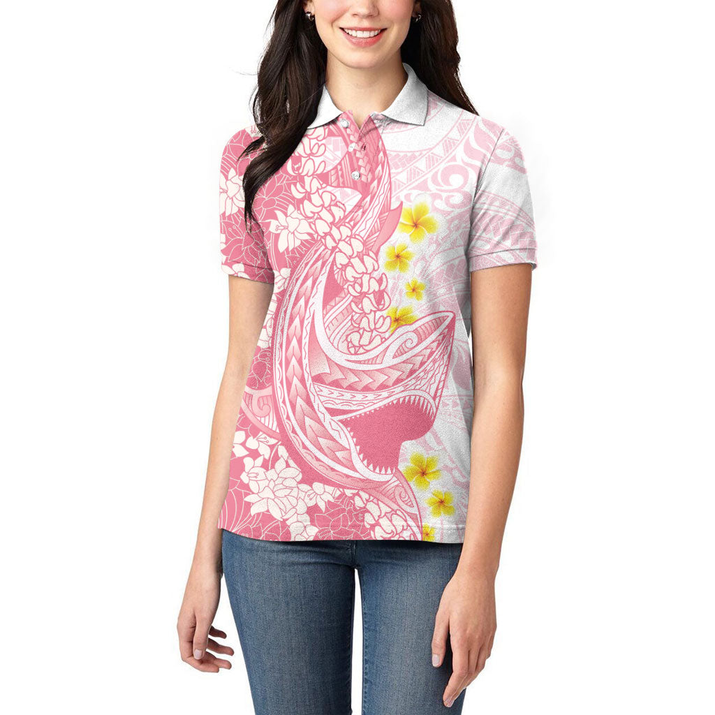 Pink Hawaii Shark Tattoo Women Polo Shirt Puakenikeni Lei Plumeria Polynesian Pattern