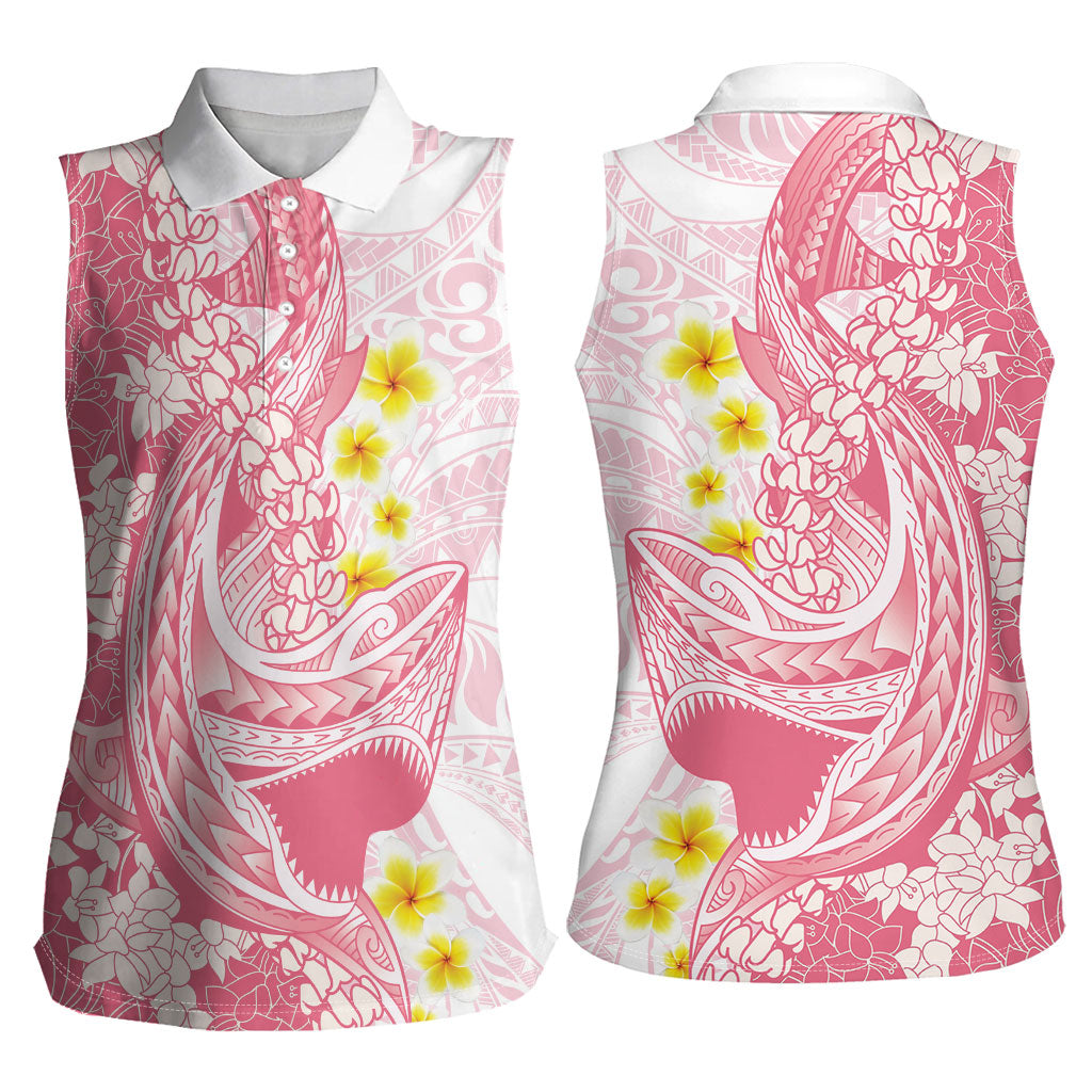 Pink Hawaii Shark Tattoo Women Sleeveless Polo Shirt Puakenikeni Lei Plumeria Polynesian Pattern