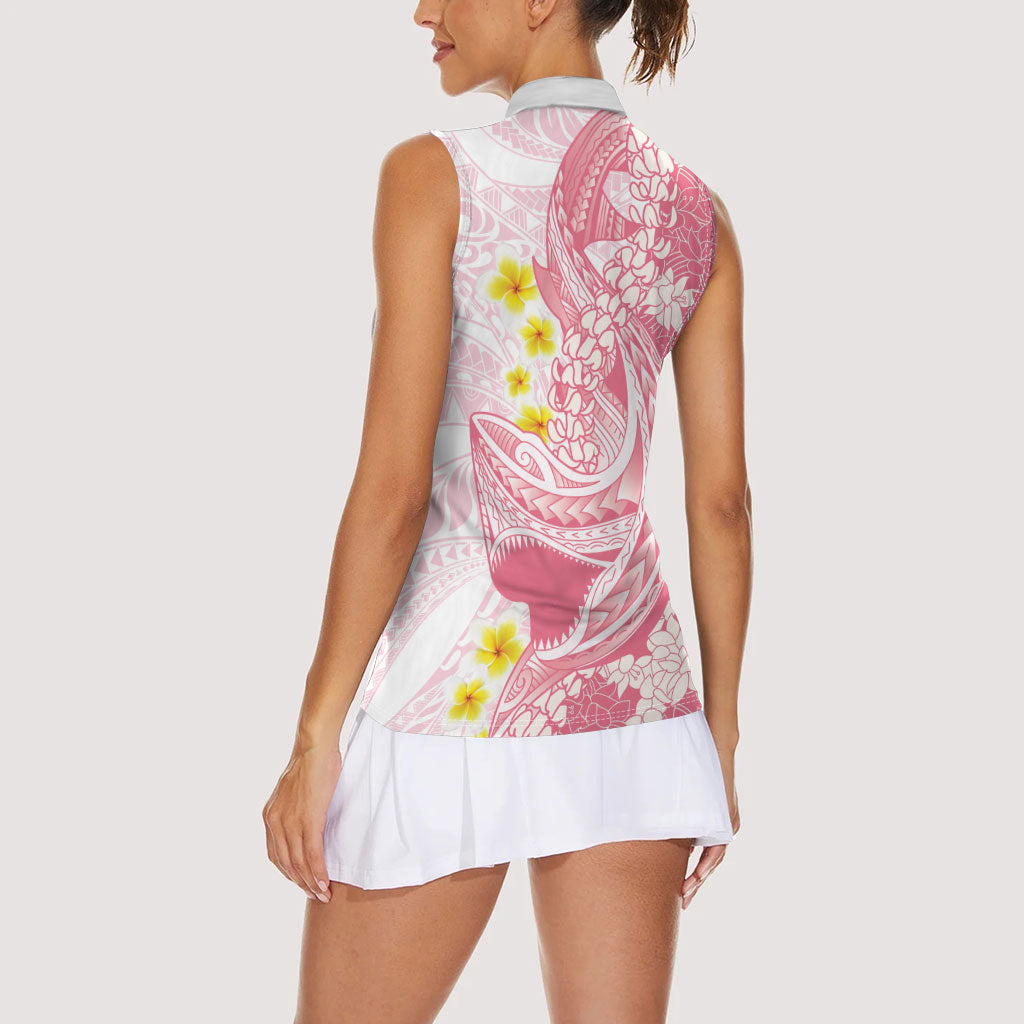 Pink Hawaii Shark Tattoo Women Sleeveless Polo Shirt Puakenikeni Lei Plumeria Polynesian Pattern