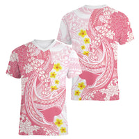 Pink Hawaii Shark Tattoo Women V-Neck T-Shirt Puakenikeni Lei Plumeria Polynesian Pattern