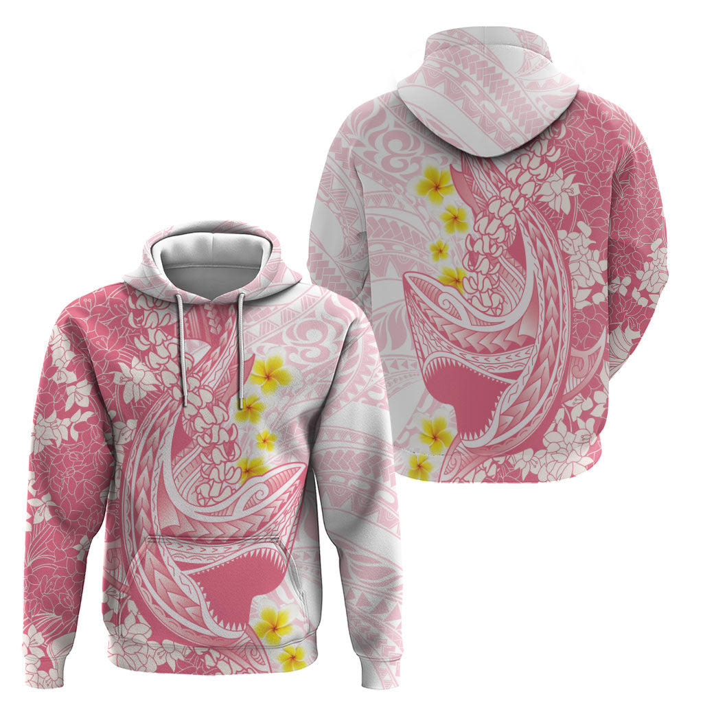 Pink Hawaii Shark Tattoo Zip Hoodie Puakenikeni Lei Plumeria Polynesian Pattern