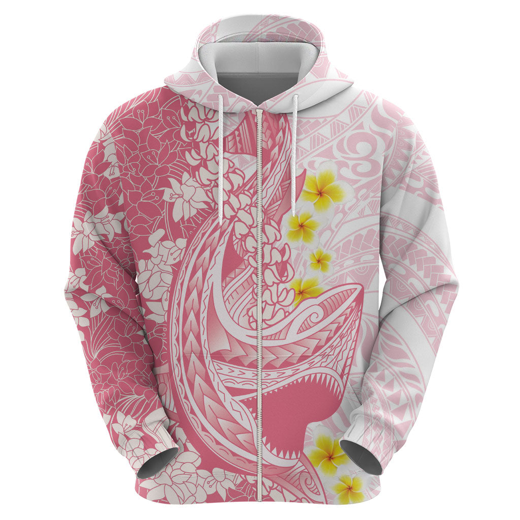 Pink Hawaii Shark Tattoo Zip Hoodie Puakenikeni Lei Plumeria Polynesian Pattern