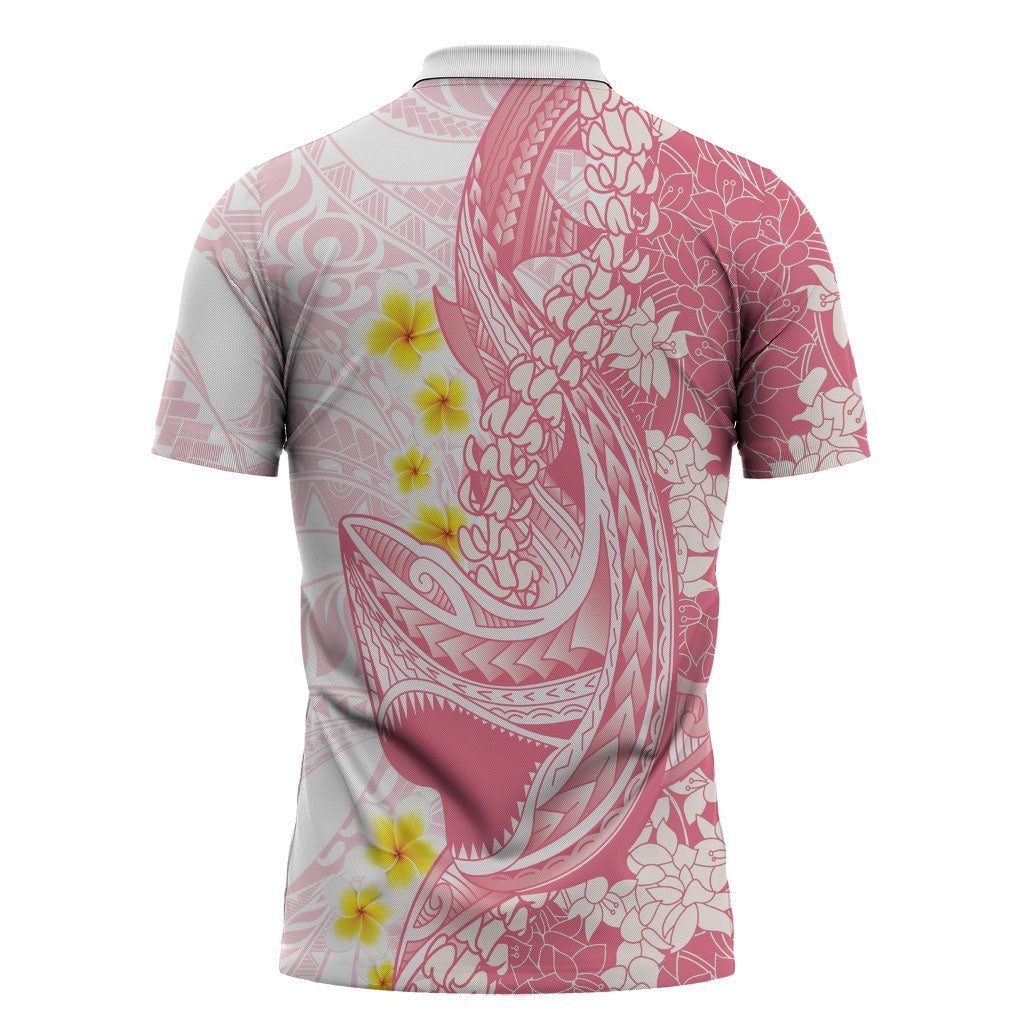 Pink Hawaii Shark Tattoo Zipper Polo Shirt Puakenikeni Lei Plumeria Polynesian Pattern