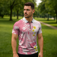 Pink Hawaii Shark Tattoo Zipper Polo Shirt Puakenikeni Lei Plumeria Polynesian Pattern