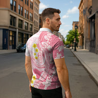 Pink Hawaii Shark Tattoo Zipper Polo Shirt Puakenikeni Lei Plumeria Polynesian Pattern