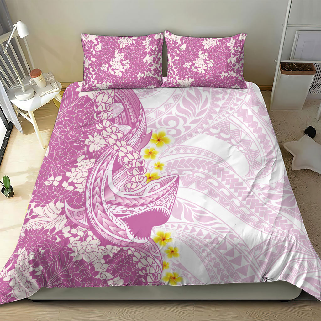 Purple Hawaii Shark Tattoo Bedding Set Puakenikeni Lei Plumeria Polynesian Pattern