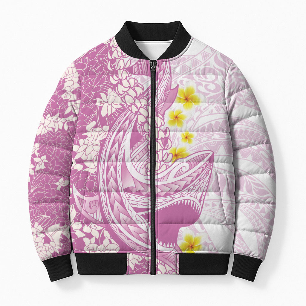 Purple Hawaii Shark Tattoo Bomber Puffer Jacket Puakenikeni Lei Plumeria Polynesian Pattern