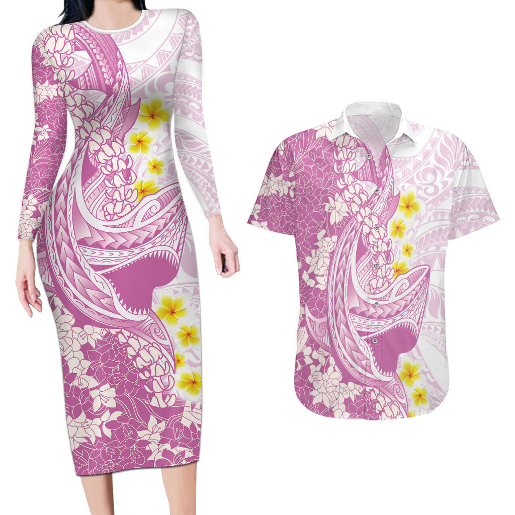 Purple Hawaii Shark Tattoo Couples Matching Long Sleeve Bodycon Dress and Hawaiian Shirt Puakenikeni Lei Plumeria Polynesian Pattern