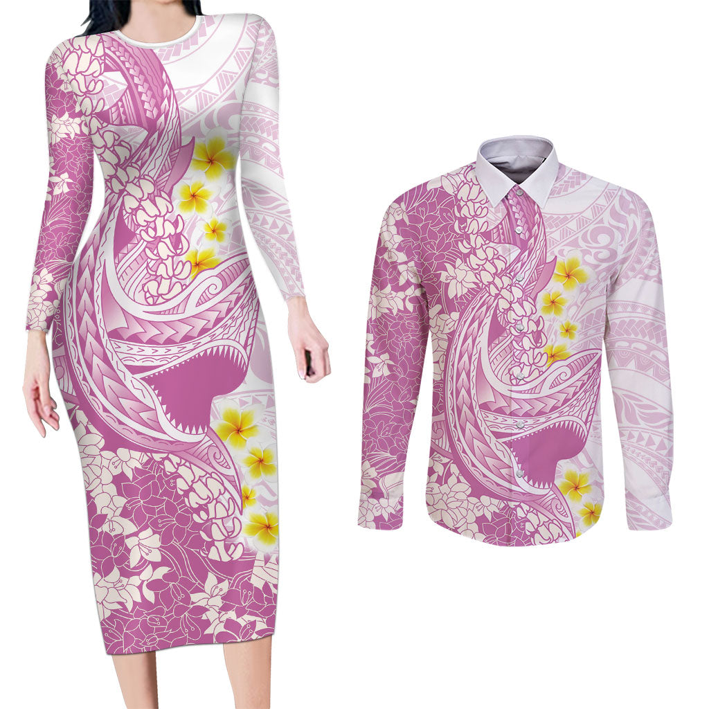 Purple Hawaii Shark Tattoo Couples Matching Long Sleeve Bodycon Dress and Long Sleeve Button Shirt Puakenikeni Lei Plumeria Polynesian Pattern