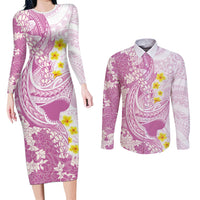 Purple Hawaii Shark Tattoo Couples Matching Long Sleeve Bodycon Dress and Long Sleeve Button Shirt Puakenikeni Lei Plumeria Polynesian Pattern