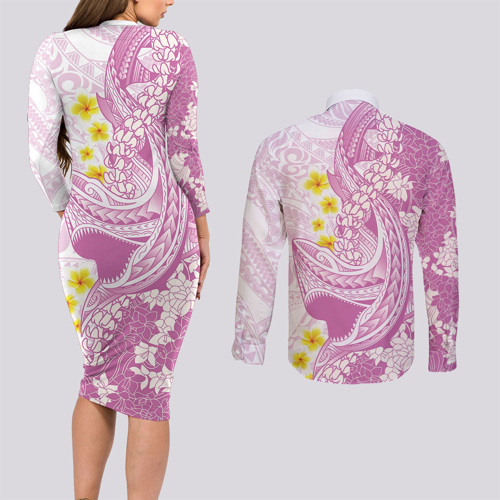 Purple Hawaii Shark Tattoo Couples Matching Long Sleeve Bodycon Dress and Long Sleeve Button Shirt Puakenikeni Lei Plumeria Polynesian Pattern