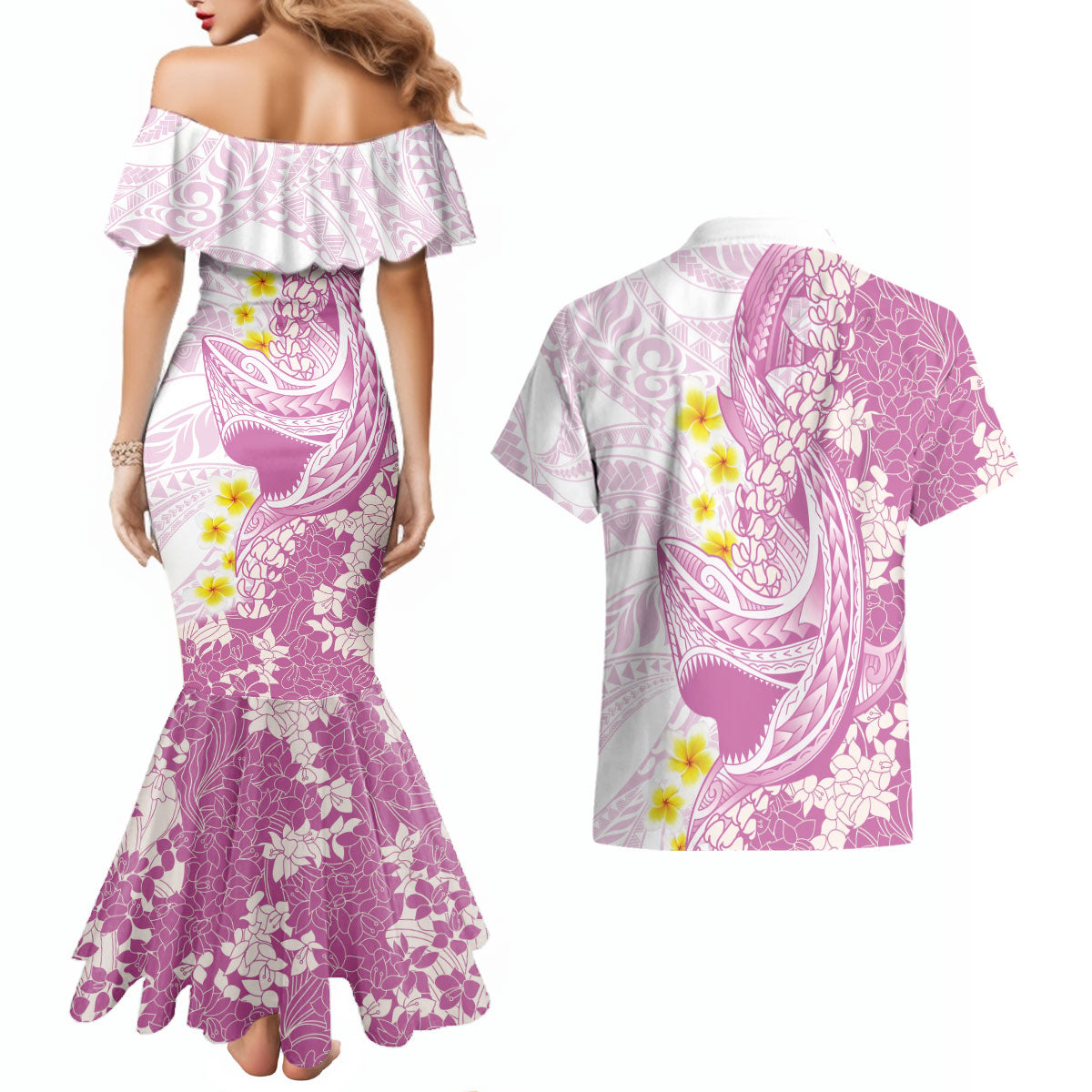 Purple Hawaii Shark Tattoo Couples Matching Mermaid Dress and Hawaiian Shirt Puakenikeni Lei Plumeria Polynesian Pattern
