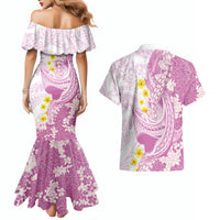 Purple Hawaii Shark Tattoo Couples Matching Mermaid Dress and Hawaiian Shirt Puakenikeni Lei Plumeria Polynesian Pattern
