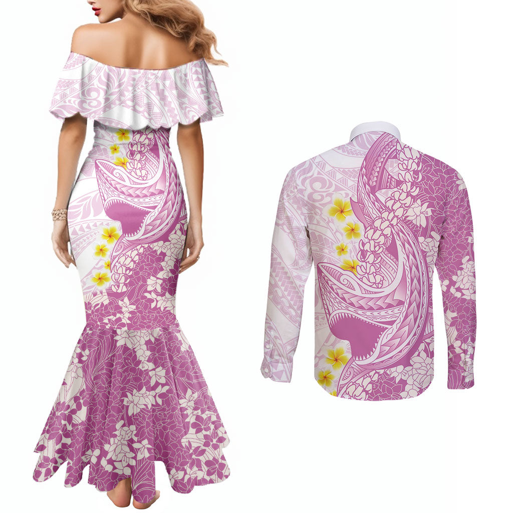 Purple Hawaii Shark Tattoo Couples Matching Mermaid Dress and Long Sleeve Button Shirt Puakenikeni Lei Plumeria Polynesian Pattern