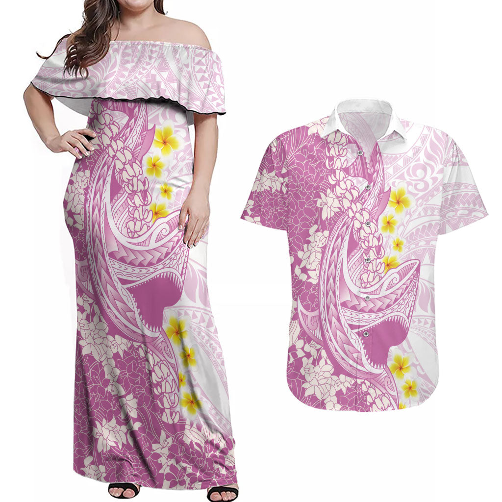 Purple Hawaii Shark Tattoo Couples Matching Off Shoulder Maxi Dress and Hawaiian Shirt Puakenikeni Lei Plumeria Polynesian Pattern
