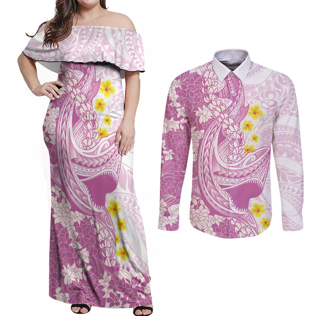 Purple Hawaii Shark Tattoo Couples Matching Off Shoulder Maxi Dress and Long Sleeve Button Shirt Puakenikeni Lei Plumeria Polynesian Pattern