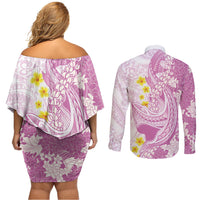 Purple Hawaii Shark Tattoo Couples Matching Off Shoulder Short Dress and Long Sleeve Button Shirt Puakenikeni Lei Plumeria Polynesian Pattern