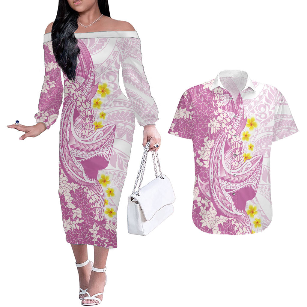 Purple Hawaii Shark Tattoo Couples Matching Off The Shoulder Long Sleeve Dress and Hawaiian Shirt Puakenikeni Lei Plumeria Polynesian Pattern