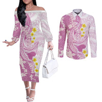 Purple Hawaii Shark Tattoo Couples Matching Off The Shoulder Long Sleeve Dress and Long Sleeve Button Shirt Puakenikeni Lei Plumeria Polynesian Pattern