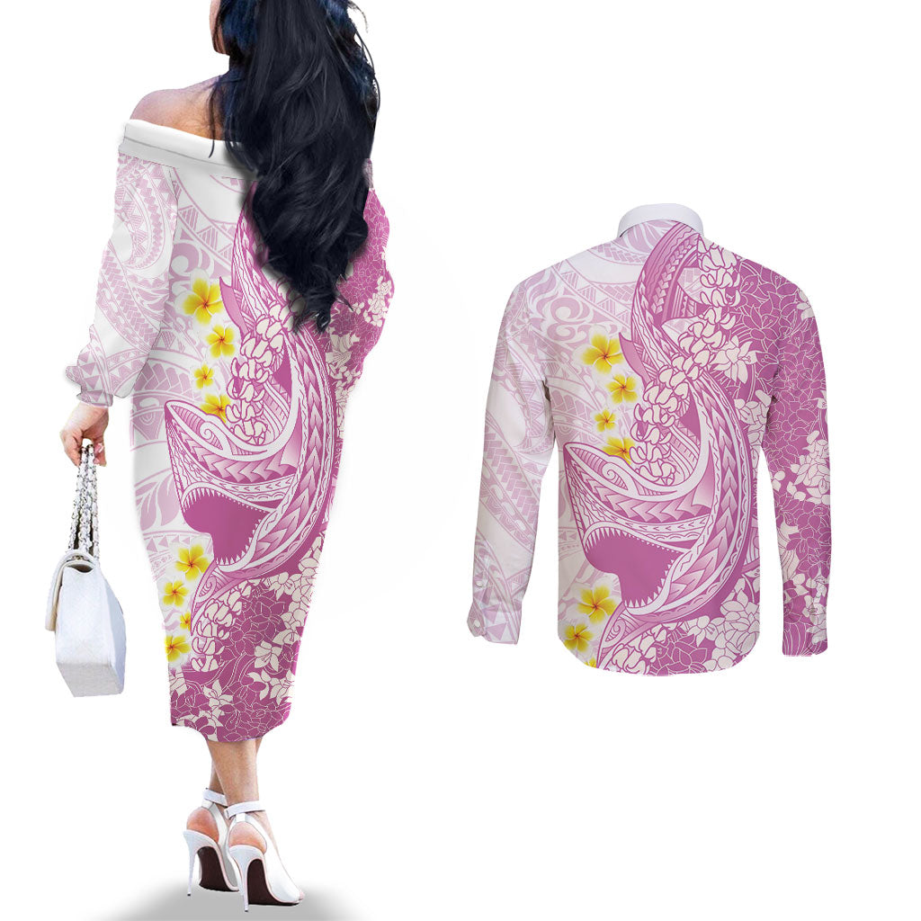 Purple Hawaii Shark Tattoo Couples Matching Off The Shoulder Long Sleeve Dress and Long Sleeve Button Shirt Puakenikeni Lei Plumeria Polynesian Pattern