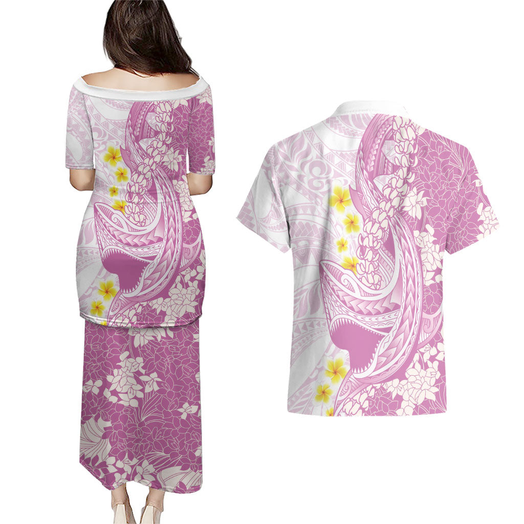 Purple Hawaii Shark Tattoo Couples Matching Puletasi and Hawaiian Shirt Puakenikeni Lei Plumeria Polynesian Pattern